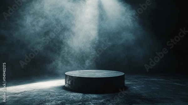 Fototapeta Empty stage illuminated by spotlight and fog in dark setting. 