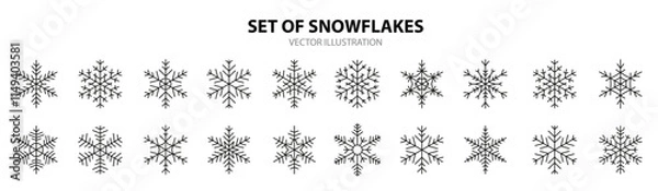 Fototapeta snowflakes black line set different shape outline winter ice crystal ornament symbol decor