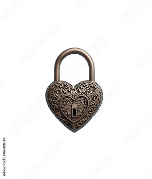 Obraz An ornate heart-shaped padlock with intricate vintage patterns and a keyhole at the center. The lock has a metallic finish and exudes an antique, romantic charm.