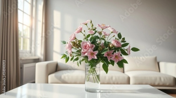 Fototapeta A delicate bouquet of pink blossoms in a clear glass vase rests on a pristine white table, the soft sunlight illuminating a serene living room