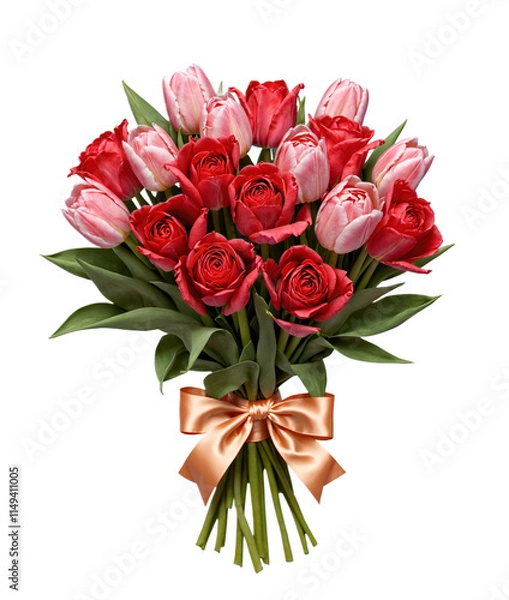 Obraz A beautiful bouquet of red and pink tulips with green leaves, tied with an elegant satin ribbon bow. Perfect for celebrations, Valentine's Day, or romantic themes. Isolated on a white background.