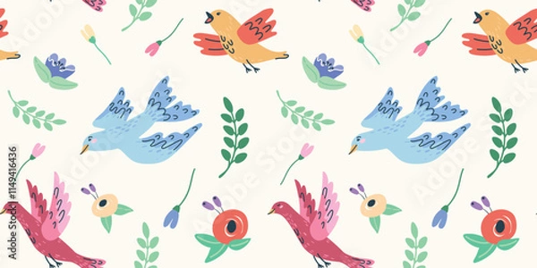 Fototapeta handdrawn seamless pattern with birds and flowers. Perfect for romantic design