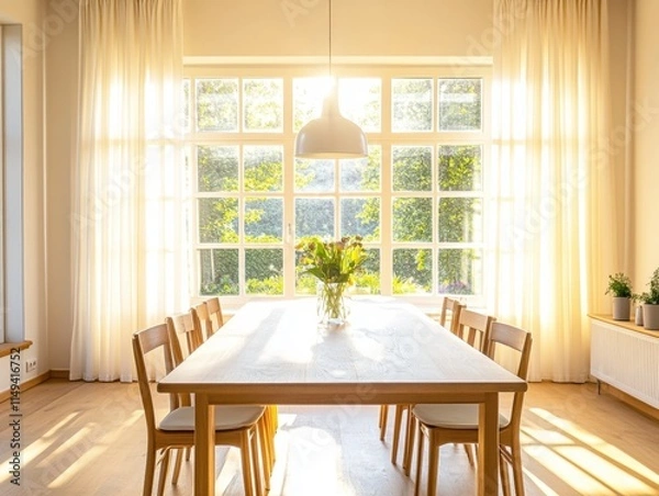 Obraz Empty dining table in bright room with sunlight shining through large windows, highlighting smooth surface.

