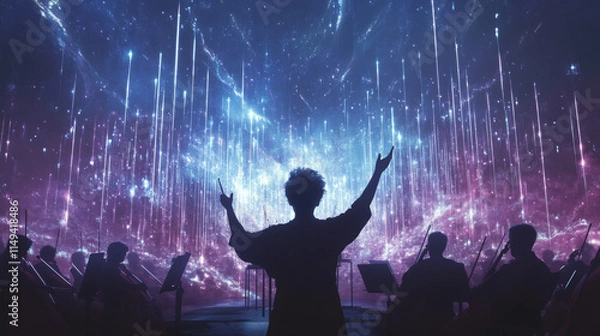 Fototapeta Celestial Orchestra Conductor, Futuristic Music, Ethereal Performance, Cosmic Symphony, Digital Art