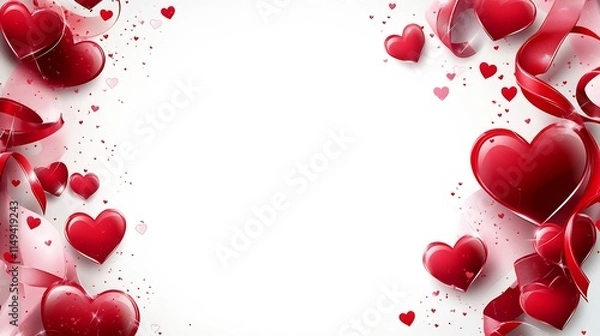 Fototapeta Elegant Frame with Red and Pink Hearts Ribbons and Love Themed Background Design