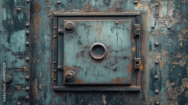 Fototapeta Rusty metal door with a circular handle and bolts on an aged, weathered surface