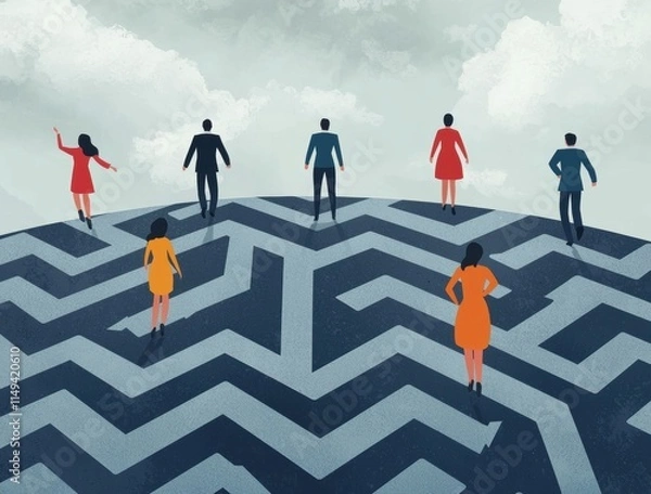 Fototapeta Group of People Navigating a Complex Maze Under Cloudy Sky
