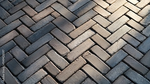 Fototapeta A close-up view of a textured brick pavement featuring a herringbone pattern, showcasing various shades and lighting effects.