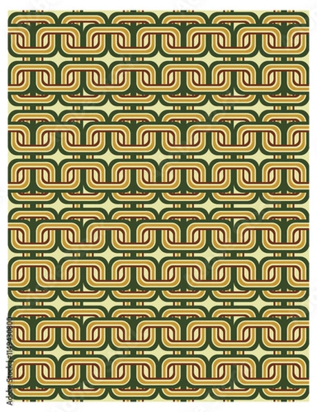Fototapeta Repetitive geometric pattern in earthy green, brown, and beige tones., Colorful geometric pattern with interlocking shapes in red, green, white, and black.