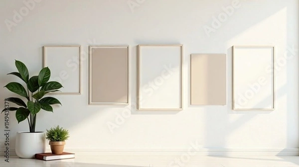 Fototapeta Minimalist interior design featuring blank frames and potted plants on light floor