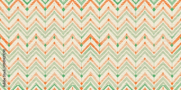 Fototapeta A vibrant textile pattern featuring chevron designs in orange, green, and soft cream tones.