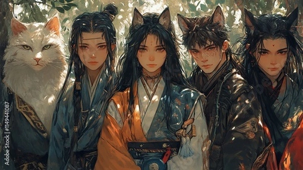 Fototapeta Fantasy Anime Group Portrait: Elegant Asian Characters with a Cat