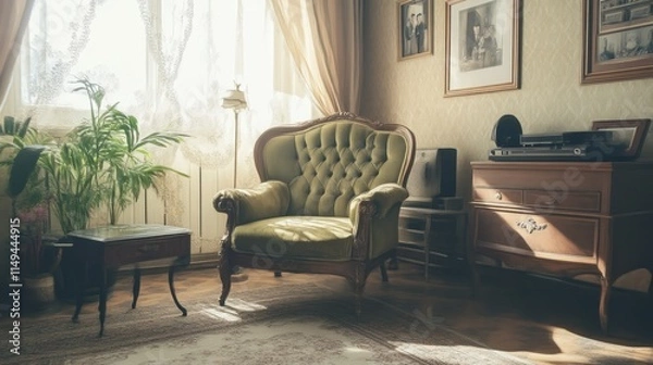 Fototapeta Warm Nostalgia in a 1920s Vintage Home Interior with Retro Furniture and Record Player
