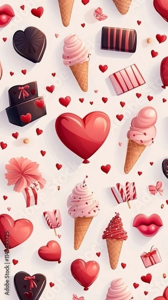 Fototapeta Whimsical Valentine s Day Themed Pattern with Festive Elements in Cartoon Style