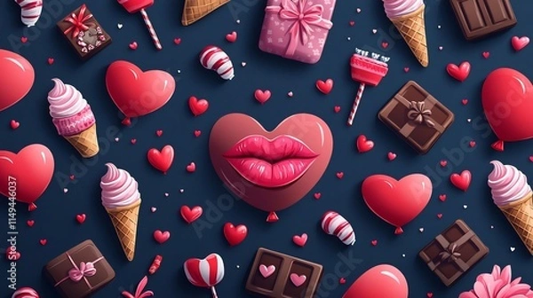 Fototapeta Charming Valentine s Day Themed Cartoon Style Seamless Pattern with Hearts Gifts and Confections