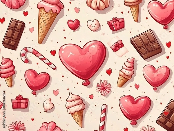 Fototapeta Whimsical Valentine s Day Themed Pattern with Hearts Candies and Gifts in Cartoon Style