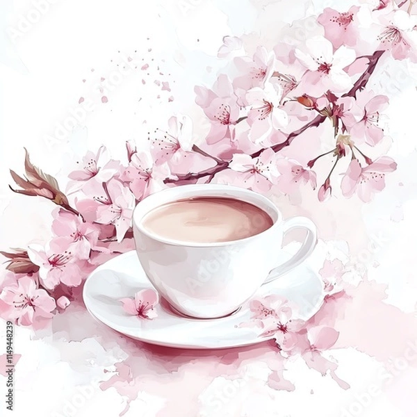 Fototapeta A delicate cup of tea surrounded by beautiful cherry blossoms in soft pastel colors.