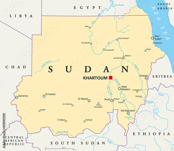 Obraz Sudanowa mapa polityczna z kapitałem Chartumu, granic krajowych, ważnymi miastami, rzekami i jeziorami. Ilustracja z angielskim etykietowaniem i skalowaniem.
