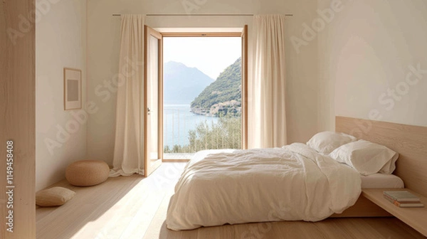 Fototapeta A serene bedroom featuring large window with stunning view of mountains and water. minimalist design includes cozy bed, soft bedding, and natural light flooding space, creating peaceful atmosphere