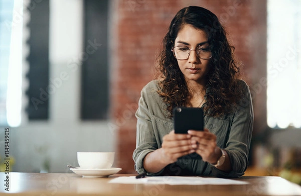 Fototapeta Typing, phone and woman in coffee shop for remote work, communication or networking with online chat. Notes, contact and freelance consultant in cafe with smartphone, research or business connection
