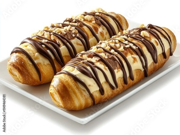 Fototapeta Two delicious pastries topped with chocolate drizzle and nuts on a plate.