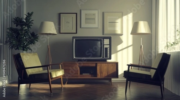 Fototapeta Retro living room with two velvet armchairs, an antique black-and-white TV, and a soft glow from mid-century modern lamps