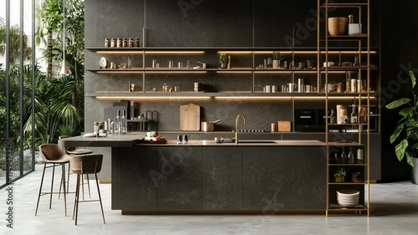 Fototapeta modern kitchen with an island, brass fixtures, and open shelving for a stylish and functional layout