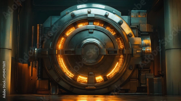 Fototapeta A large, golden, metal safe with a glowing light inside. The safe is surrounded by a dark room, giving it an ominous and mysterious feel