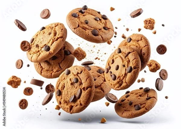 Fototapeta Panoramic View of Flying Chocolate Cookies Isolated on White