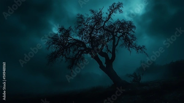 Obraz Silhouetted Tree Stands Alone In A Dark Foggy Night