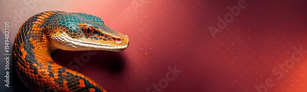 Obraz A striking card template featuring a vibrant snake with intricate, shimmering scales, perfect for celebrating the Lunar New Year 2025, the Year of the Snake, in an elegant and festive style.