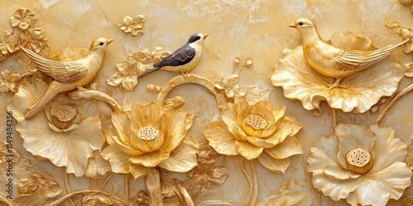 Fototapeta Golden lotus flowers and birds, a relief wall in high definition.