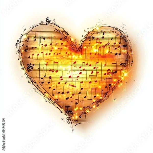Fototapeta A glowing heart made of sheet music, symbolizing love and passion for music.
