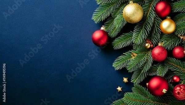 Obraz A festive Christmas background featuring evergreen branches, ornaments, and berries on a clean backdrop, perfect for holiday-themed designs and greetings.