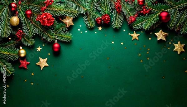 Obraz A festive Christmas background featuring evergreen branches, ornaments, and berries on a clean backdrop, perfect for holiday-themed designs and greetings.