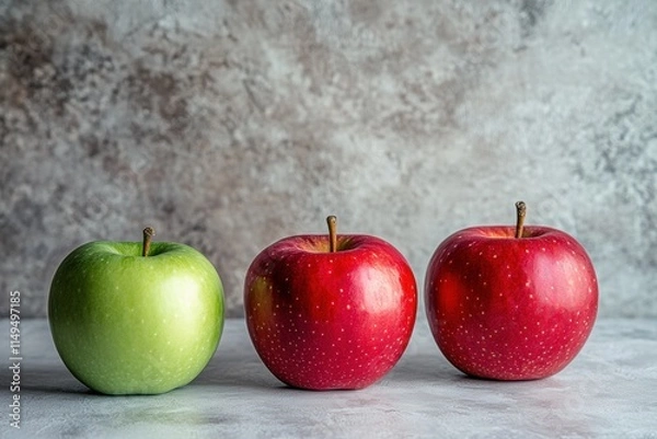 Fototapeta One Green Apple and Two Red Apples on a Grey Surface