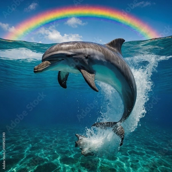 Obraz A playful dolphin leaping out of crystal-clear water under a vibrant rainbow.