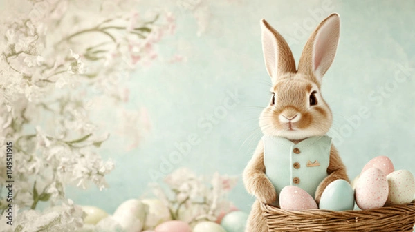 Fototapeta Cute bunny in vest with basket of colorful easter eggs and spring blooms
