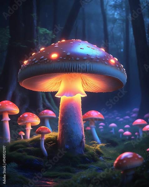 Fototapeta beautiful Agaricus bisporus mushroom in fairy background, created by generative ai