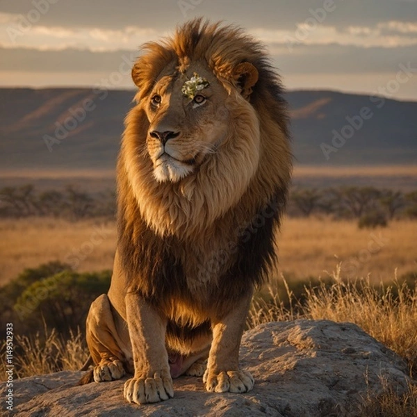 Obraz A regal lion standing on a rocky cliff overlooking a golden savanna at sunrise.