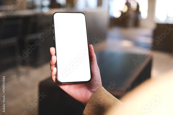 Fototapeta Mockup image of a woman holding and using mobile phone with blank desktop in cafe