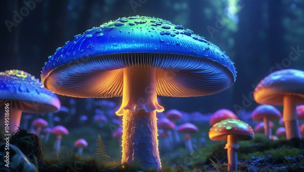 Fototapeta beautiful Agaricus bisporus mushroom in fairy background, created by generative ai