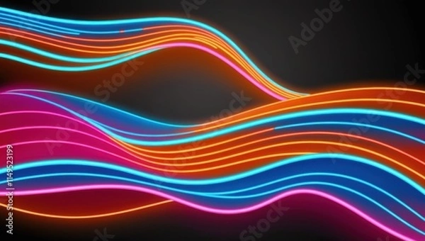 Fototapeta neon glowing blue orange pink waves lines on black background, neon glowing flowing wave lines abstract neon background, abstract colorful wave background