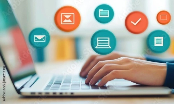 Fototapeta Hands Typing on Laptop with Communication and Task Icons Surrounding