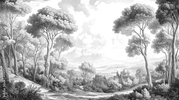 Fototapeta vintage drawing landscape forests of ancient European of trees wallpaper black and white Design for wallpaper, wall art, fresco, mural