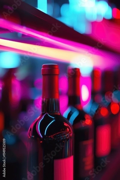 Fototapeta Closeup of wine bottles on display, with a blurry purple neon light background