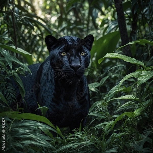 Obraz A mysterious black panther hiding in the shadows of a lush jungle.