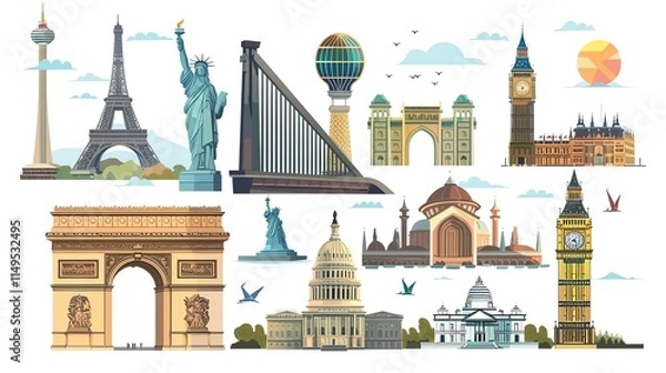 Fototapeta A cartoon illustration of famous landmarks from around the world.