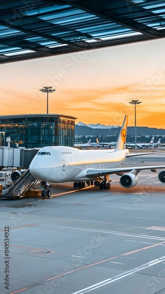 Fototapeta Airplane parked at sunrise airport gate, jet bridge, travel. generative ai