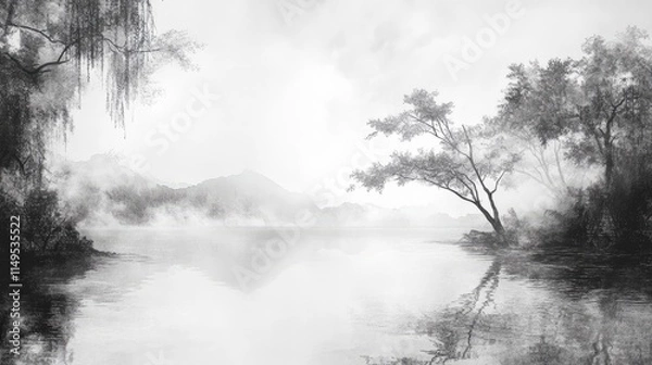 Obraz wallpaper vintage chinese landscape drawing of lake with trees and fog in black and white design for wallpaper, wall art, print, fresco, mural